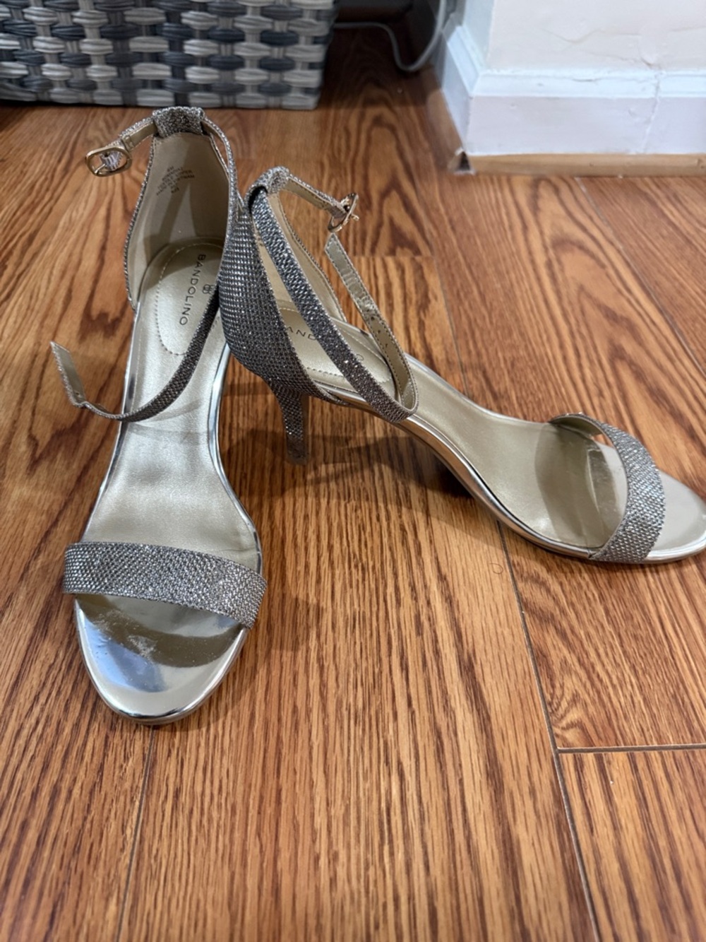 Bandolino Glittery Silver and Gold Open-Toe Ankle Strap Heels